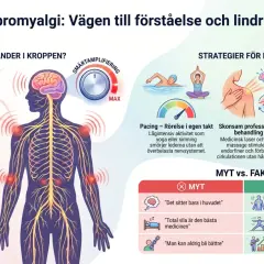 Bilden visar fibromyalgi, med fokus på smärtlindring vid nervsmärta. Den illustrerar symtom, strategier för lindring som träning och näring, samt myter kontra fakta.