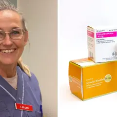 En leende läkare bredvid förpackningar med antidepressiva läkemedel som Citalopram och Sertralin.