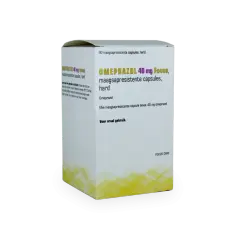 En låda med Omeprazol 40 mg Focus, magresistenta kapslar. Kan hjälpa mot illamående.