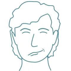 Enkel illustration av ett ansikte med slutna ögon och en snett leende mun, som visar tecken på perifer facialispares.