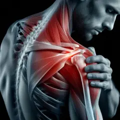 Man med smärta i axeln, illustrerar behovet av frozen shoulder behandling. Muskler och leder lyser rött av inflammation.