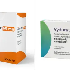 Två förpackningar med läkemedel mot migrän: Aquipta 60 mg och Vydura 75 mg.