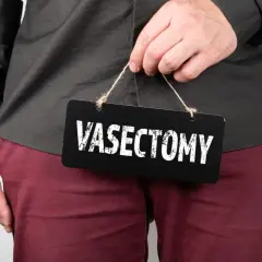 A person holds a black sign with "VASECTOMY" written in white text.