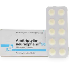 Amitriptylin-neuraxpharm 50 mg, 20 tabletter i blisterförpackning. Kan användas vid migrän.