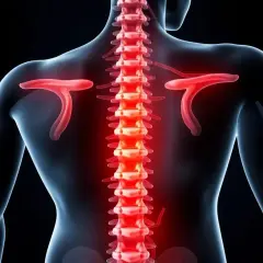 Rödglödgad ryggrad med l5 s1-området markerat, visar potentiell smärta eller inflammation i nedre delen av ryggen.