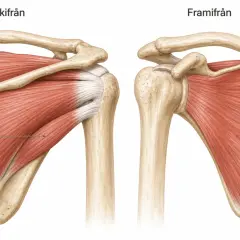 Illustration av axelns rotatorcuff-muskler, supraspinatus, infraspinatus, teres minor och subscapularis. Viktigt för att förstå rotator cuff syndrom.
