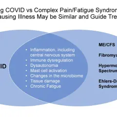 Venn-diagram som visar likheter mellan Long COVID och ME/CFS, Fibromyalgi, Hypermobilitet och Ehlers-Danlos syndrom. Gemensamma symtom inkluderar autonom dysfunktion.