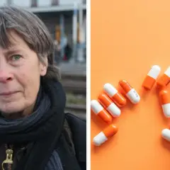 Kvinna med grått hår och blå ögon bredvid orangevita kapslar, som kan relateras till oxynorm halveringstid.