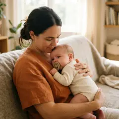 Mamma tröstar sitt spädbarn med napp. Kanske hon undrar hur man får bort hicka?