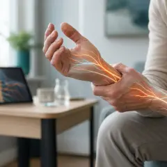 En person håller sin arm där nerverna lyser orange och blått, vilket symboliserar smärta och en möjlig nervblockad.