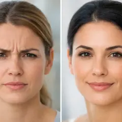 Före- och efterbilder på en kvinna. Till vänster syns rynkor och en bekymrad min, möjligen relaterat till huvudvärk av botox. Till höger, efter behandling, är ansiktet slätare och leende.