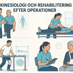 Kinesiologi och rehabilitering efter operationer. Bilden visar olika övningar och behandlingar som hjälper till med mobilisering.