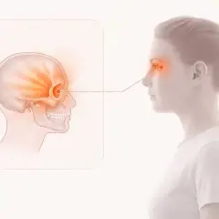 Illustration visar olika typer av huvudvärk med fokus på smärta i ögonen och tinningarna.