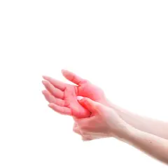 Close-up of hands with red highlighting on the palm, indicating pain or discomfort.