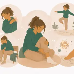 Illustration visar en ung kvinna som upplever olika symtom, som axelvärk, trötthet och svullnad i foten. Hon tänker på träning och balans.