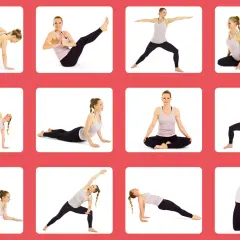 En kvinna utför olika yogaövningar i ett rutnät. Ett komplett yoga program för flexibilitet och styrka.