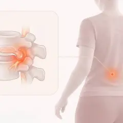 Illustration visar en ryggrad med ett diskbråck som trycker på en nerv. Smärtan i ländryggen kan vara ett symtom på diskbråck.