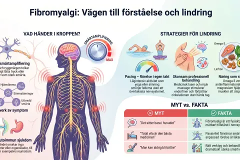 Bilden visar fibromyalgi, med fokus på smärtlindring vid nervsmärta. Den illustrerar symtom, strategier för lindring som träning och näring, samt myter kontra fakta.