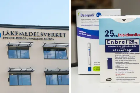 Läkemedelsverkets byggnad och förpackningar med biologisk medicin, som Enbrel.