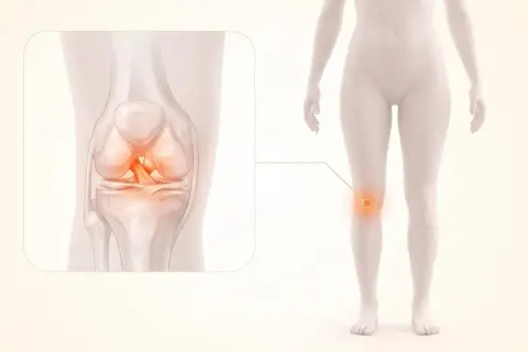 Illustration av ett knä med en skadad korsband, som visar vikten av korsbandsskada rehab för återhämtning.