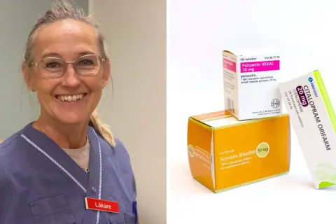 En leende läkare bredvid förpackningar med antidepressiva läkemedel som Citalopram och Sertralin.