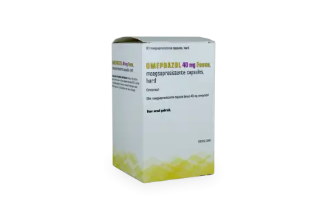 En låda med Omeprazol 40 mg Focus, magresistenta kapslar. Kan hjälpa mot illamående.
