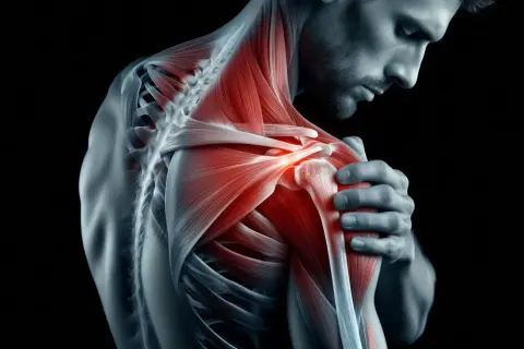 Man med smärta i axeln, illustrerar behovet av frozen shoulder behandling. Muskler och leder lyser rött av inflammation.