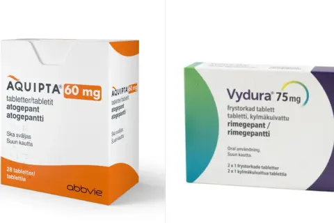 Två förpackningar med läkemedel mot migrän: Aquipta 60 mg och Vydura 75 mg.