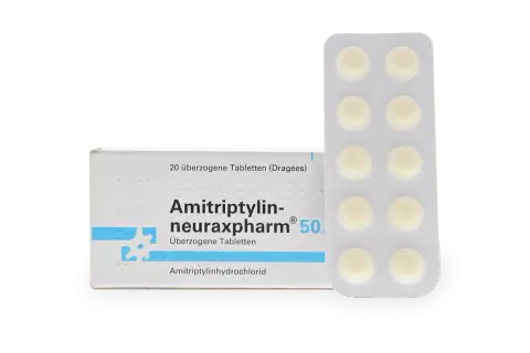 Amitriptylin-neuraxpharm 50 mg, 20 tabletter i blisterförpackning. Kan användas vid migrän.