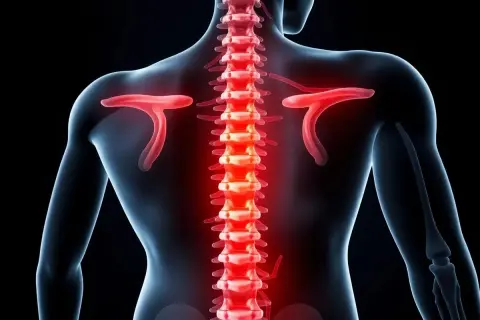 Rödglödgad ryggrad med l5 s1-området markerat, visar potentiell smärta eller inflammation i nedre delen av ryggen.