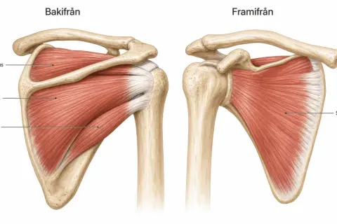 Illustration av axelns rotatorcuff-muskler, supraspinatus, infraspinatus, teres minor och subscapularis. Viktigt för att förstå rotator cuff syndrom.