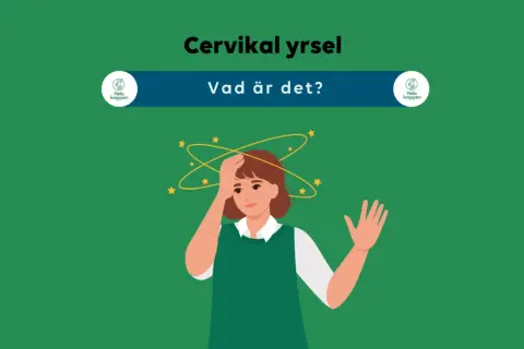 Illustration av en person med yrsel, med stjärnor som snurrar runt huvudet. Kan bero på triggerpunkter i nacken.