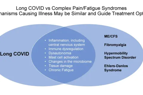 Venn-diagram som visar likheter mellan Long COVID och ME/CFS, Fibromyalgi, Hypermobilitet och Ehlers-Danlos syndrom. Gemensamma symtom inkluderar autonom dysfunktion.