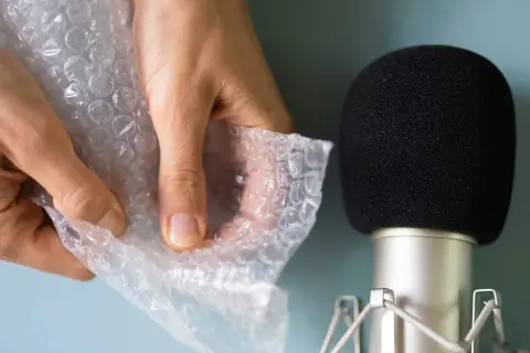 Händer som försiktigt knäpper bubbelplast nära en mikrofon, skapar härliga asmr ljud.