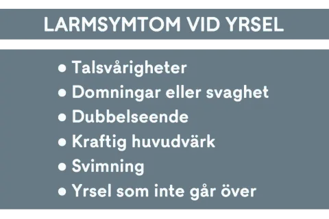 Varningssignaler vid yrsel: talsvårigheter, domningar, dubbelseende, kraftig huvudvärk, svimning, och yrsel som inte går över.