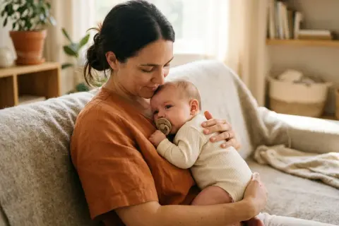 Mamma tröstar sitt spädbarn med napp. Kanske hon undrar hur man får bort hicka?