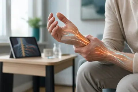 En person håller sin arm där nerverna lyser orange och blått, vilket symboliserar smärta och en möjlig nervblockad.