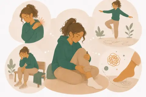 Illustration visar en ung kvinna som upplever olika symtom, som axelvärk, trötthet och svullnad i foten. Hon tänker på träning och balans.