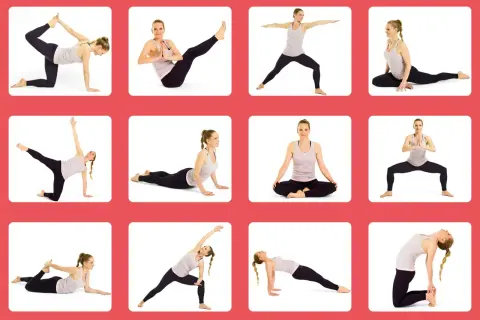 En kvinna utför olika yogaövningar i ett rutnät. Ett komplett yoga program för flexibilitet och styrka.