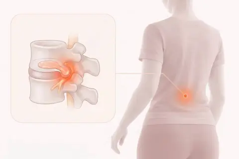 Illustration visar en ryggrad med ett diskbråck som trycker på en nerv. Smärtan i ländryggen kan vara ett symtom på diskbråck.