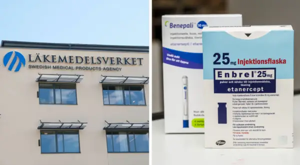 Läkemedelsverkets byggnad och förpackningar med biologisk medicin, som Enbrel.