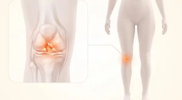 Illustration av ett knä med en skadad korsband, som visar vikten av korsbandsskada rehab för återhämtning.