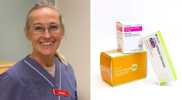 En leende läkare bredvid förpackningar med antidepressiva läkemedel som Citalopram och Sertralin.