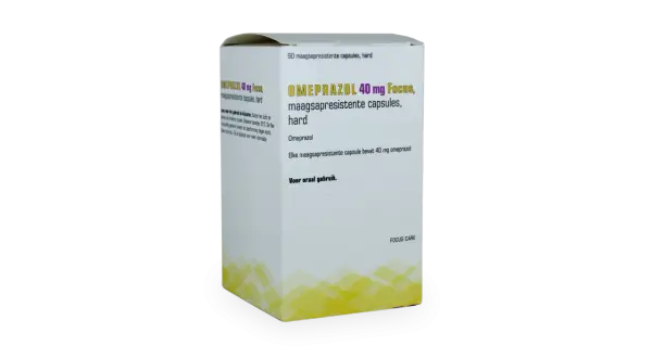 En låda med Omeprazol 40 mg Focus, magresistenta kapslar. Kan hjälpa mot illamående.