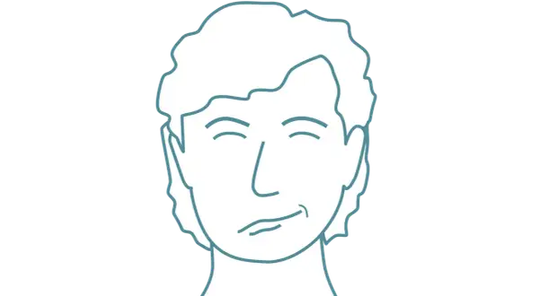 Enkel illustration av ett ansikte med slutna ögon och en snett leende mun, som visar tecken på perifer facialispares.
