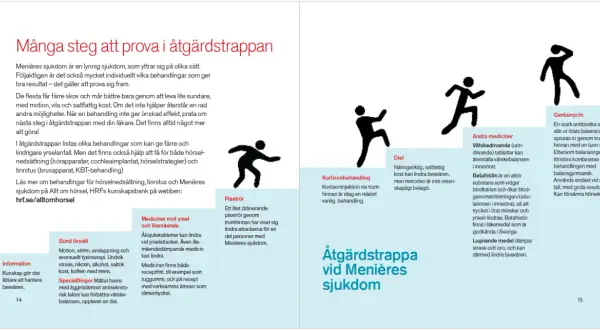 Åtgärdstrappa vid Menières sjukdom: livsstil, mediciner, plaströr, kortison, diet, andra mediciner och Gentamycin.