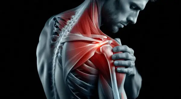 Man med smärta i axeln, illustrerar behovet av frozen shoulder behandling. Muskler och leder lyser rött av inflammation.