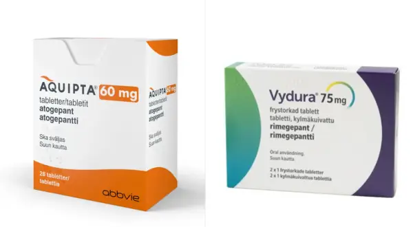 Två förpackningar med läkemedel mot migrän: Aquipta 60 mg och Vydura 75 mg.