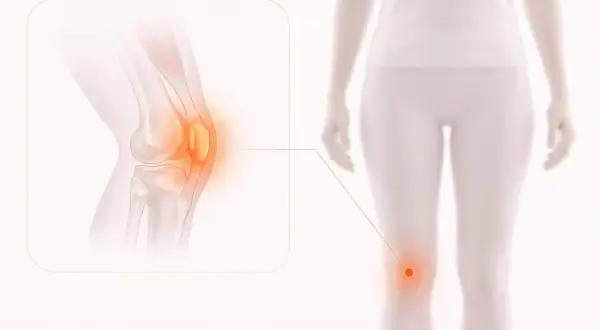 Illustration av ett knä med en inflammerad bursit. En linje pekar från det inflammerade området på knät till en person som håller handen över sitt knä.