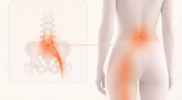 Illustration visar ischias test. En röd glöd markerar smärta i ländryggen och ner i benet, kopplat till en nerv i bäckenet.